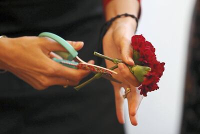 DUBAI , UNITED ARAB EMIRATES , DEC 04  – 2017:- One of the participant cutting flowers during the wreath making organised by Vintage Bloom at the Four Seasons Hotel on Jumeirah Beach road in Dubai. (Pawan Singh / The National) Story by Hala Khalaf