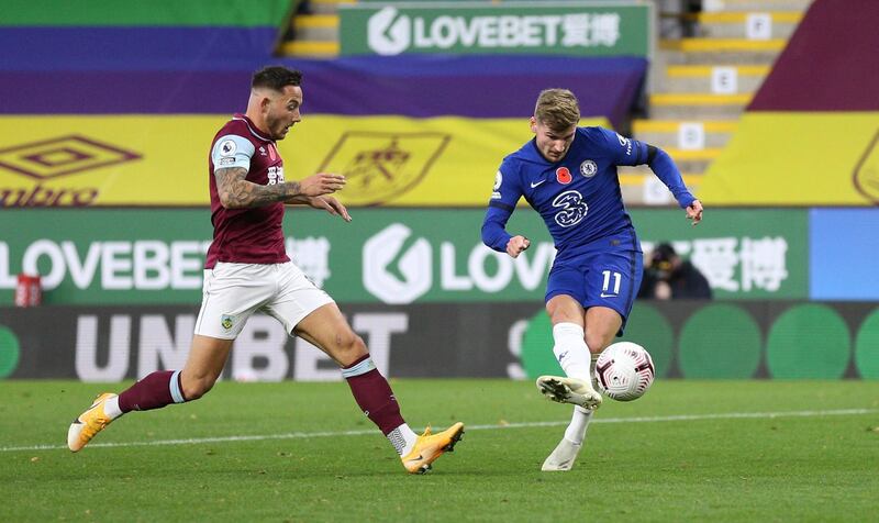 Chelsea's Timo Werner scores their third goal at Turf Moor. Reuters