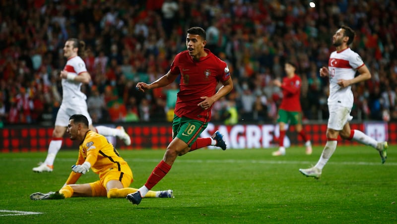 Portugal's Matheus Nunes celebrates after scoring their third goal. Reuters