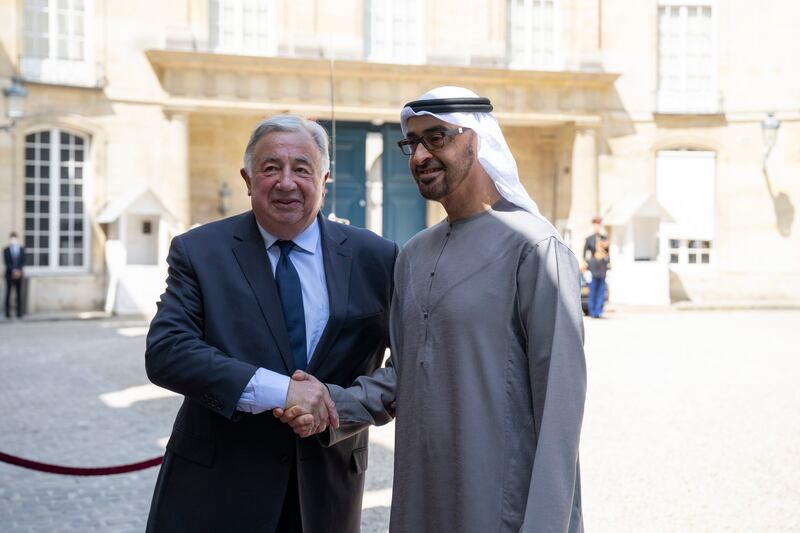 Sheikh Mohamed bin Zayed is received by Gerard Larcher, President of the French Senate, at Luxembourg Palace. Photo: Presidential Court