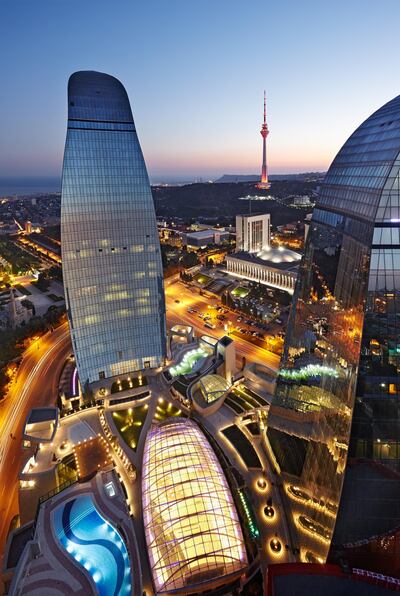 Night view from the Fairmont Baku, Flame Towers. Fairmont