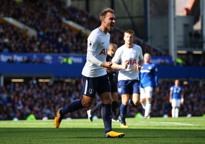 LIVERPOOL, ENGLAND - SEPTEMBER 09:  Christian Eriksen of Tottenham Hotspur celebrates scoring his sides second goal during the Premier League match between Everton and Tottenham Hotspur at Goodison Park on September 9, 2017 in Liverpool, England.  (Photo by Alex Livesey/Getty Images)