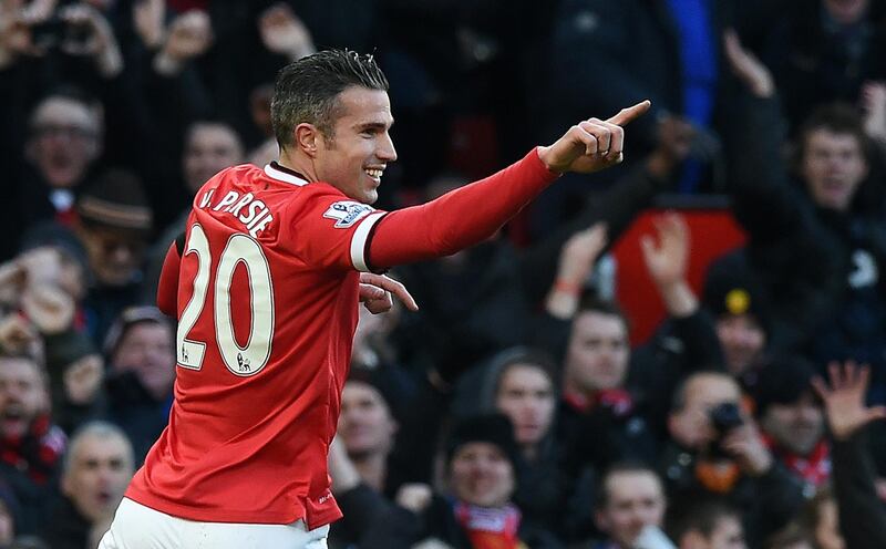 Manchester United's Dutch striker Robin van Persie celebrates scoring the opening goal during the English Premier League football match between Manchester United and Leicester City at Old Trafford in Manchester, northwest England, on January 31, 2015.  AFP PHOTO / PAUL ELLIS

RESTRICTED TO EDITORIAL USE. No use with unauthorized audio, video, data, fixture lists, club/league logos or “live” services. Online in-match use limited to 45 images, no video emulation. No use in betting, games or single club/league/player publications / AFP PHOTO / PAUL ELLIS