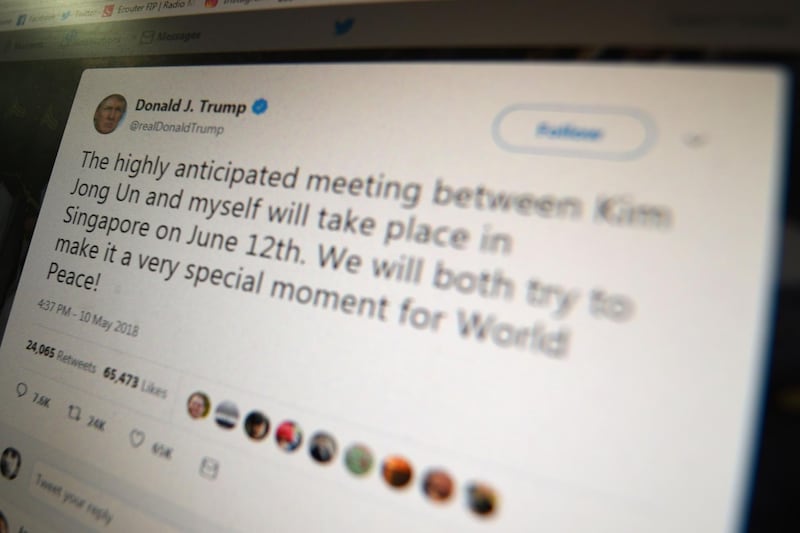 (FILES) In this file photo taken on May 10, 2018 a screen grab shows a message tweeted by US President Donald Trump as he announced his historic summit with North Korean leader Kim Jong Un will take place in Singapore on June 12. "We will both try to make it a very special moment for World Peace!" Trump said in a tweeted announcement. President Donald Trump violated the US constitution by blocking Twitter users who disagree with him, a federal judge ruled on May 23, 2018 in a case closely watched for implications for online free speech. Judge Naomi Reice Buchwald said the blocking of Trump critics -- which prevent them from seeing and interacting with the president's tweets -- violated the free speech rights of those users guaranteed in the constitution's First Amendment.
 / AFP / Eric BARADAT
