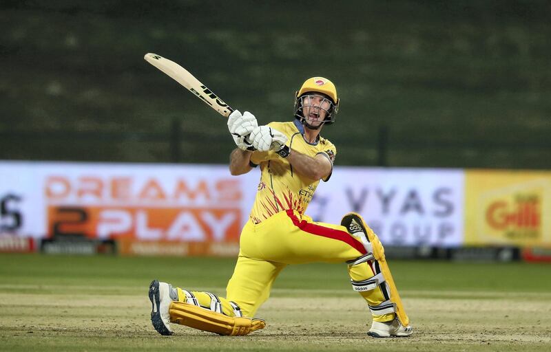 ABU DHABI , UNITED ARAB EMIRATES , Nov 20 – 2019 :- Wayne Madsen of Team Abu Dhabi playing a shot during the Abu Dhabi T10 Cricket match between Team Abu Dhabi vs Deccan Gladiators at Sheikh Zayed Cricket Stadium in Abu Dhabi. ( Pawan Singh / The National )  For Sports. Story by Paul