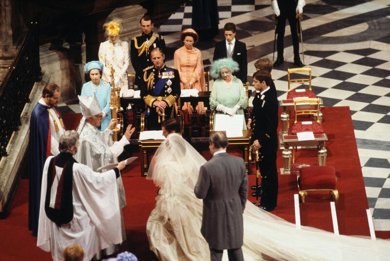 The wedding of Prince Charles and Lady Diana Spencer at St Paul's Cathedral in London, 29th July 1981. Behind them are Queen Elizabeth II, Prince Philip, Duke of Edinburgh, the Queen Mother, Prince Andrew, Prince Edward, Princess Anne, Captain Mark Phillips, Princess Margaret and Viscount Linley. John Spencer, the 8th Earl Spencer, gives his daughter away. (Photo by Serge Lemoine/Hulton Archive/Getty Images)