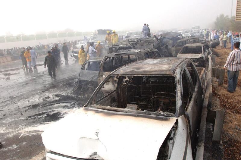 The scene of the major accident which took place on Sheikh Zayed Road going towards Dubai from Abu Dhabi. More than one hundred cars were involved. Stephen Lock / The National