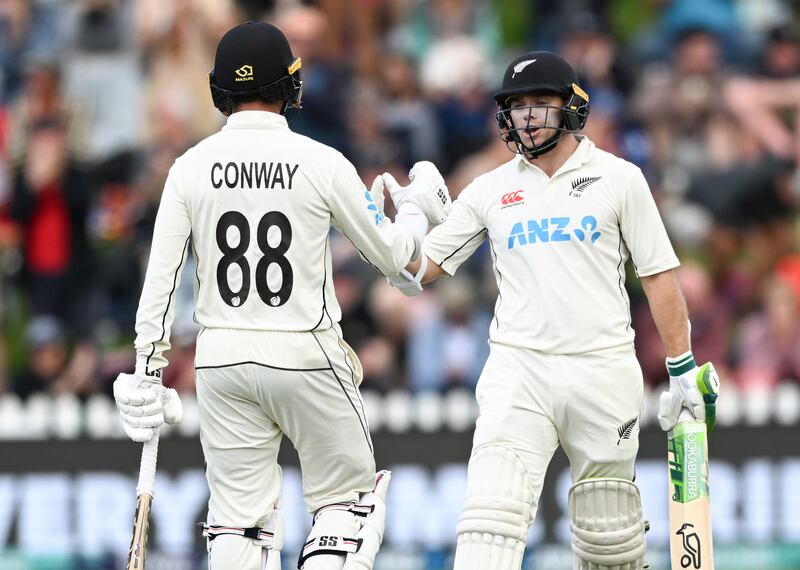 Tom Latham, right, and Devon Conway starred in a century stand for New Zealand against England in the second Test on Sunday, February 26, 2023. AP