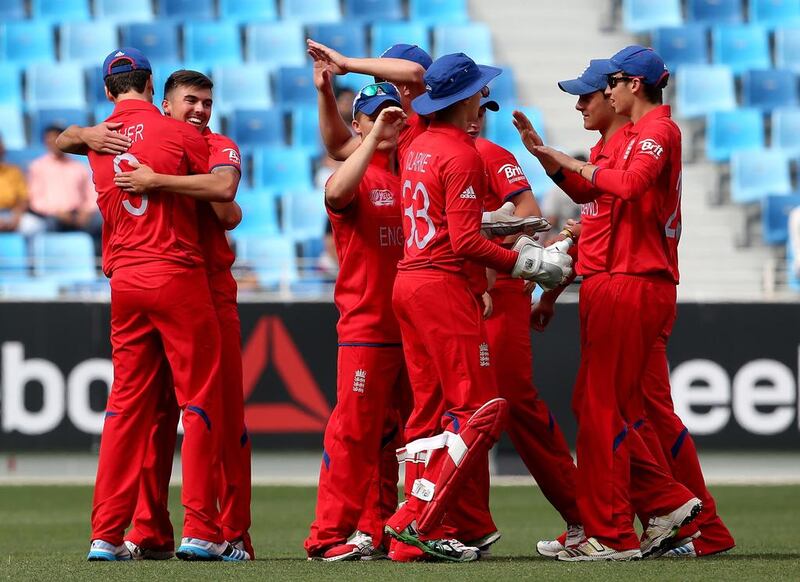 England celebrate the dismissal of Ankush Bains of India during the ICC U19 Cricket World Cup 2014 quarter-final on February 22, 2014.  Getty Images