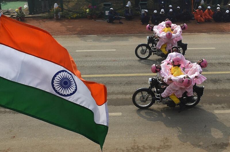 The Indian Border Security Force (BSF) women’s motorcycle team, Seema Bhawani, takes part in the Republic Day parade in New Delhi. Prakash Singh / AFP