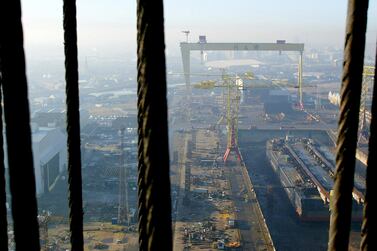Harland and Wolff cranes Samson (top) and Goliath at the Belfast shipyard, which has entered administration. Reuters