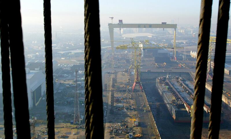 FILE PHOTO: Harland and Wolff cranes Samson (top) and Goliath are seen at the  Belfast shipyard, February 12, 2003. Once tens of thousands of men  thronged the narrow streets of east Belfast each day on their way to  work at the shipyard. REUTERS/Paul McErlane/File Photo