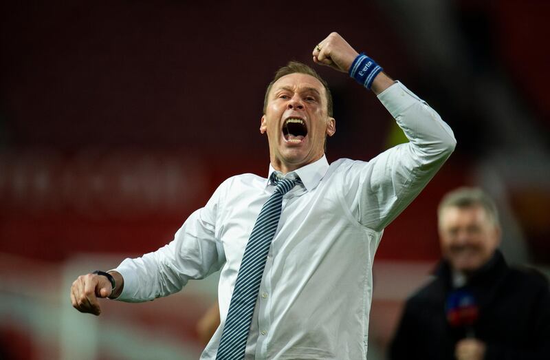 Duncan Ferguson celebrates at the final whistle. AFP