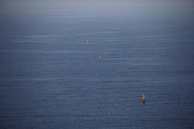 FILE PHOTO: Maritime border markers are seen in the Mediterranean Sea near Lebanon, as seen from Rosh Hanikra, northern Israel October 28, 2020. REUTERS/Amir Cohen/File Photo