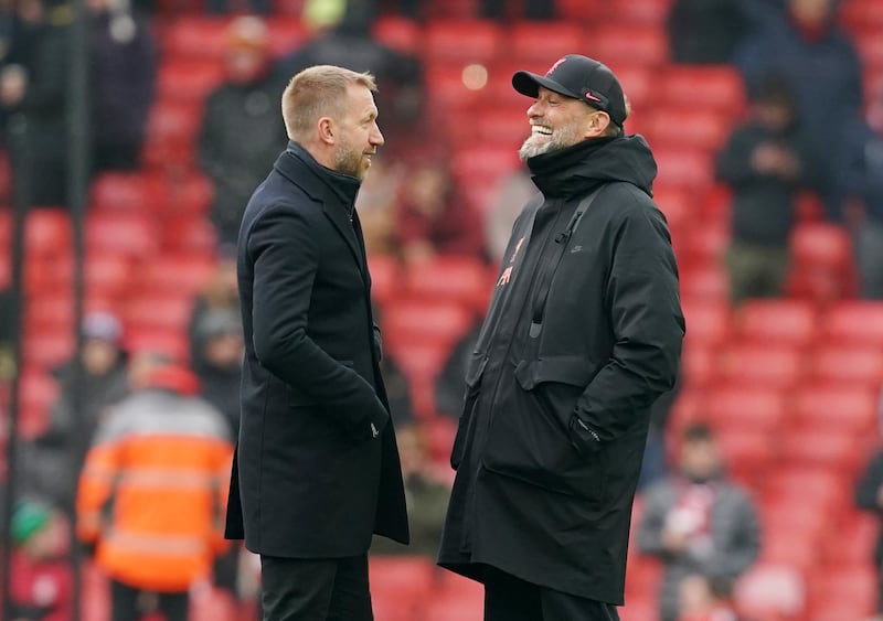Liverpool manager Jurgen Klopp and former Chelsea coach Graham Potter before the Premier League match at Anfield in January. Potter was sacked by Chelsea two days before the reverse fixture. PA