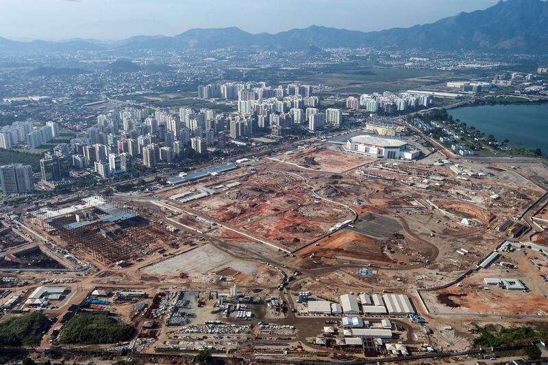 Aerial view of the construction site of the Olympic park for the Rio 2016 Olympic and Paralympic Games at Barra da Tijuca in Rio de Janeiro on June 28, 2014. Yasuyoshi Chiba / AFP