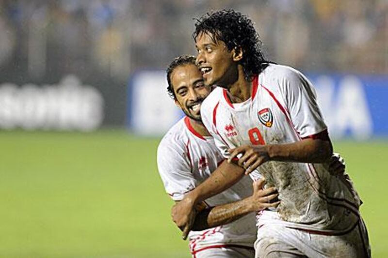 Mohammed Al Shehhi, right, helped move UAE above Iran in the rankings with his goals in India.