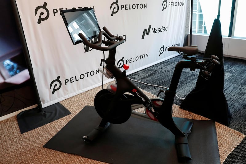 FILE PHOTO: A Peloton exercise bike is seen after the ringing of the opening bell for the company's IPO at the Nasdaq Market site in New York City, New York, U.S., September 26, 2019. REUTERS/Shannon Stapleton/File Photo