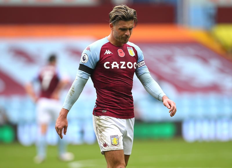 BIRMINGHAM, ENGLAND - NOVEMBER 01:  Jack Grealish of Aston Villa looks dejected during the Premier League match between Aston Villa and Southampton at Villa Park on November 01, 2020 in Birmingham, England. Sporting stadiums around the UK remain under strict restrictions due to the Coronavirus Pandemic as Government social distancing laws prohibit fans inside venues resulting in games being played behind closed doors. (Photo by Alex Livesey - Danehouse/Getty Images)