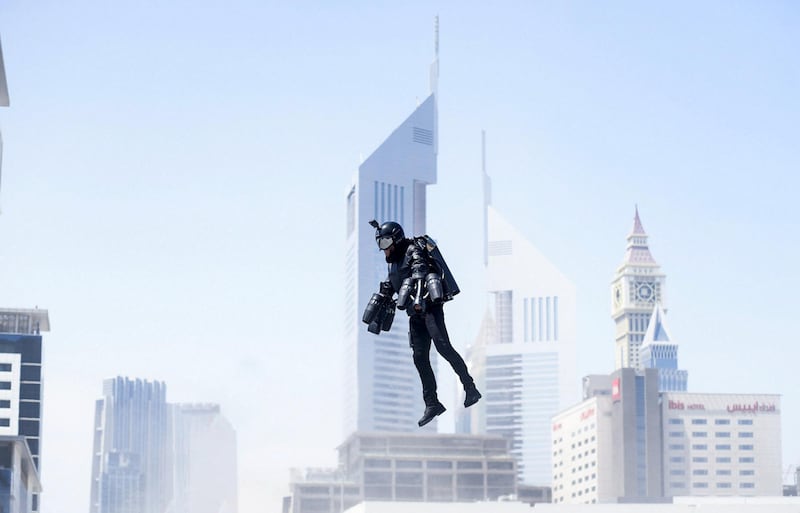 DUBAI , UNITED ARAB EMIRATES , MAY 1  – 2018 :- Richard Browning , Inventor of World’s fastest jet pack during the live demonstration at the GISEC Future Technology Week held at Dubai World Trade Centre in Dubai. For News. Story by James Lagton