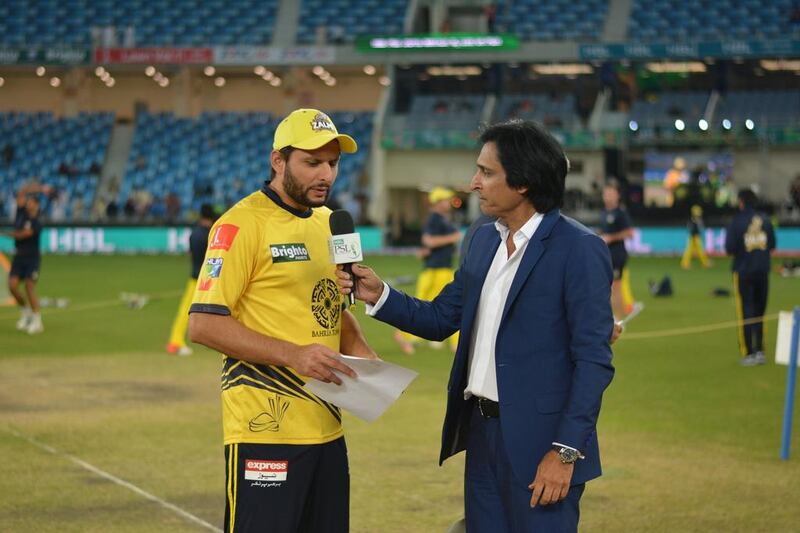 Peshawar Zalmi's Shahid Afridi gives an interview before the Pakistan Super League T20 match against Lahore Qalandars on Saturday. Photo Courtesy / PSL