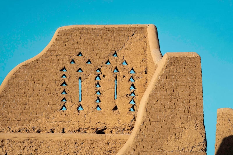 Close-up image of Najdi style architecture in At-Turaif in Ad Diriyah. Photo by THAMER AL AHMADI
