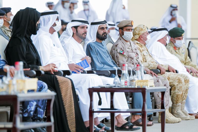Sheikh Mohammed bin Rashid, Vice President and Ruler of Dubai, and Sheikh Hamdan bin Mohammed, Crown Prince of Dubai, watch the Union Fortress show at Expo 2020. Photo: Dubai Media Office