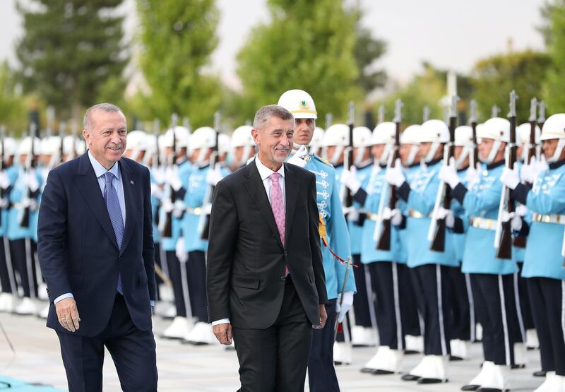 Turkish President Tayyip Erdogan and visiting Czech Prime Minister Andrej Babis review a guard of honour during a welcoming ceremony at the Presidential Palace in Ankara, Turkey.  Reuters