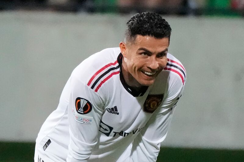 Manchester United's Cristiano Ronaldo looks happy during the 2-0 Europa League victory against Sheriff Tiraspol at the Zimbru stadium in Chisinau, Moldova, on September 15, 2022. AP