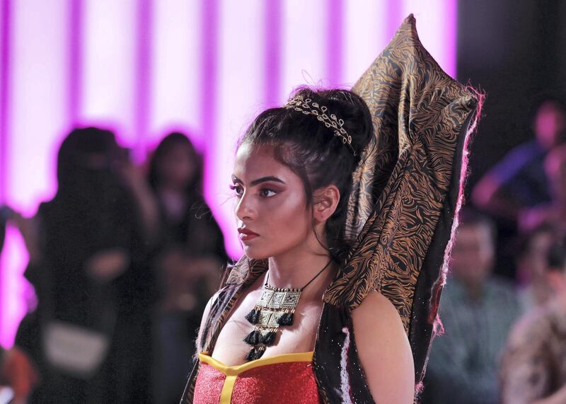 Dubai, United Arab Emirates - June 20, 2019: Designs by student designer Lamya Divasali, the collection takes inspiration from Sands of Time. Esmod Fashion Show. Thursday the 20th of June 2019. City Walk, Dubai. Chris Whiteoak / The National