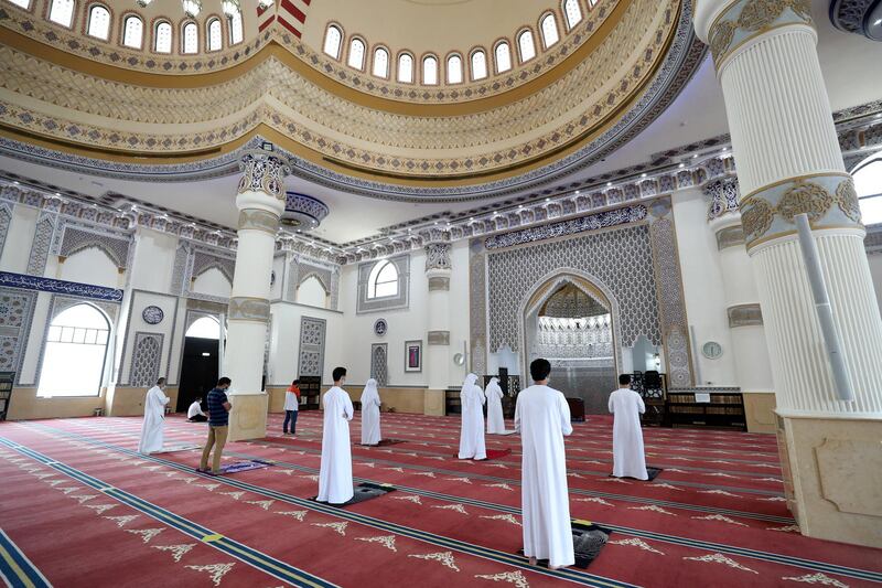 Dubai, United Arab Emirates - Reporter: N/A. News. Covid-19/Coronavirus. Midday prayers are performed at Al Farooq Omar Bin Al Khattab Mosque in Dubai. Wednesday, July 1st, 2020. Dubai. Chris Whiteoak / The National