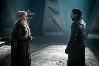 This photo provided by HBO shows Emilia Clarke as Daenerys Targaryen and Kit Harington as Jon Snow in a scene from HBO's "Game of Thrones."  The final season premieres on Sunday. (Helen Sloan/Courtesy of HBO via AP)