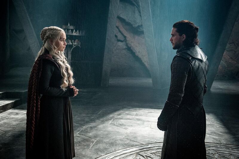 This photo provided by HBO shows Emilia Clarke as Daenerys Targaryen and Kit Harington as Jon Snow in a scene from HBO's "Game of Thrones."  The final season premieres on Sunday. (Helen Sloan/Courtesy of HBO via AP)