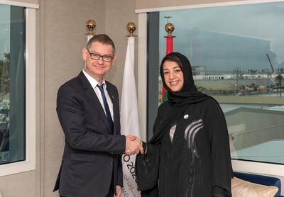 Cartier president and chief executive Cyrille Vigneron, left, meeting with Reem Al Hashimy, director-general of Dubai Expo 2020 and Minister of State for International Co-operation. Courtesy Cartier