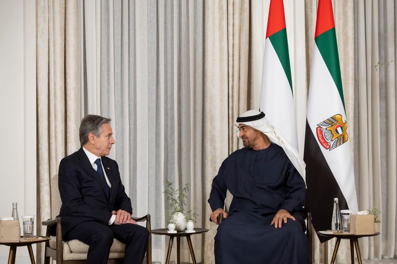 Sheikh Mohamed and Mr Blinken. Ryan Carter / UAE Presidential Court 