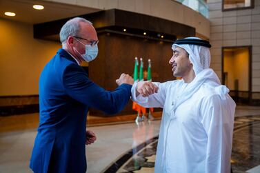 Minister of Foreign Affairs and International Co-operation Sheikh Abdullah bin Zayed, welcomes Ireland's Minister of Foreign Affairs and Minister of Defence Simon Coveney in Abu Dhabi. Wam