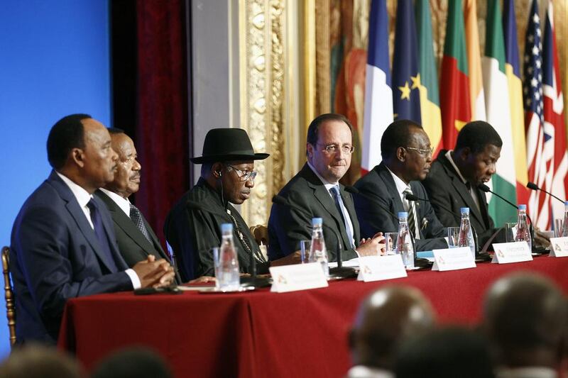 The Nigerian president Goodluck Jonathan, third from left, and the leaders of Benin, Chad, Cameroon and Niger agreed with western officials to share intelligence and coordinate the fight against Boko Haram. Thierry Chesnot / Getty Images / May 17, 2014