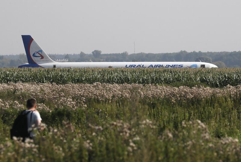 Ural Airlines A-321 passenger plane is seen on the site of its emergency landing in a field outside Zhukovsky airport in Ramensky district of Moscow region, Russia. A-321 with 226 passengers and seven crew members on board en-route from Moscow to Simferopol made emergency landing after a right engine failure following the plane's colliding with seagulls shortly after take-off. Ten people were hospitalized following the accident.  EPA
