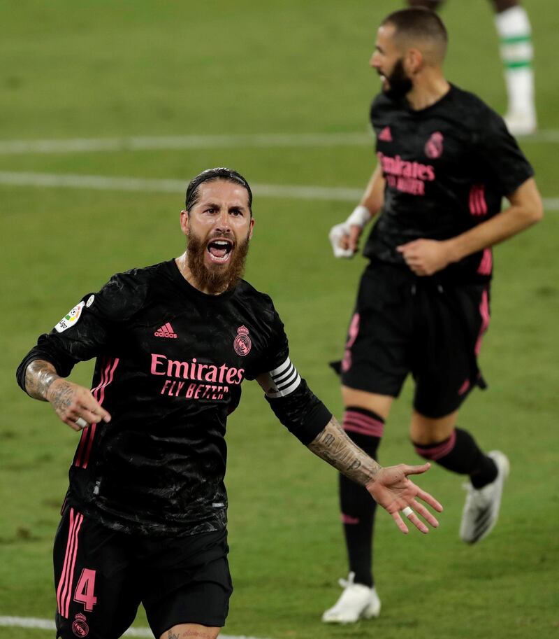 Sergio Ramos celebrates after scoring the winner. EPA