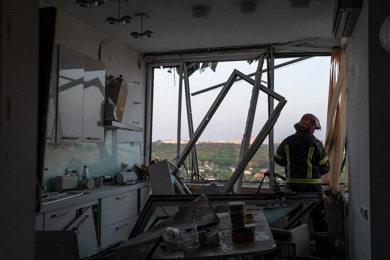 An apartment building which was damaged during a Russian drone strike. Reuters