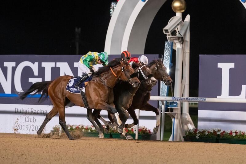 DUBAI, UNITED ARAB EMIRATES. 09 JANUARY 2020. Horse Racing. 8th Race Meeting at Meydan Racecourse. Race 6: Thoroughbreds, Al Maktoum Challenge (Round 1), winner Nr 4, Kimbear (USA) 6 years old ridden by Patrick Dobbs and trained by Doug Waton. (Photo: Antonie Robertson/The National) Journalist: Amith Passela. Section: Sport.

