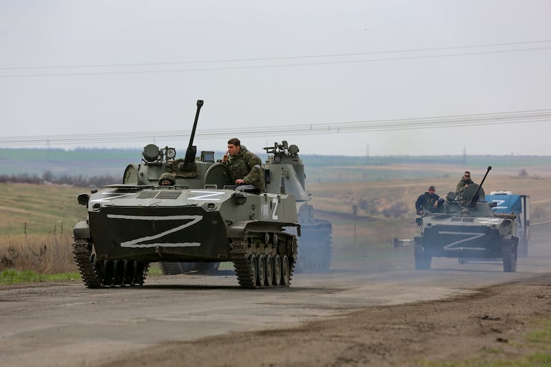 Russian military vehicles in an area controlled by Moscow-backed separatists near Mariupol. AP