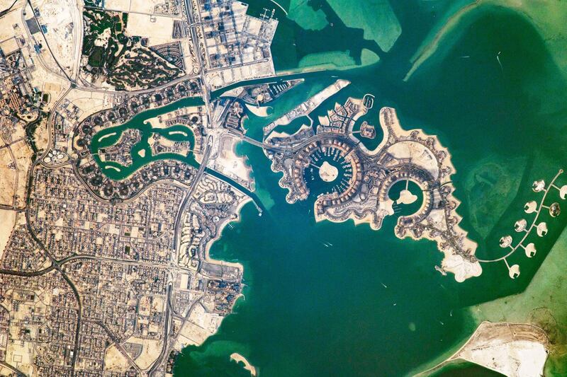 The Pearl-Qatar, a man-made island in Doha, is visible from space. An astronaut captured this photograph in 2017