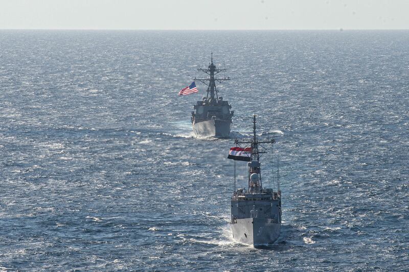 USS Jason Dunham and ENS Alexandria conduct exercises during the International Maritime Exercise in Red Sea in February. Reuters