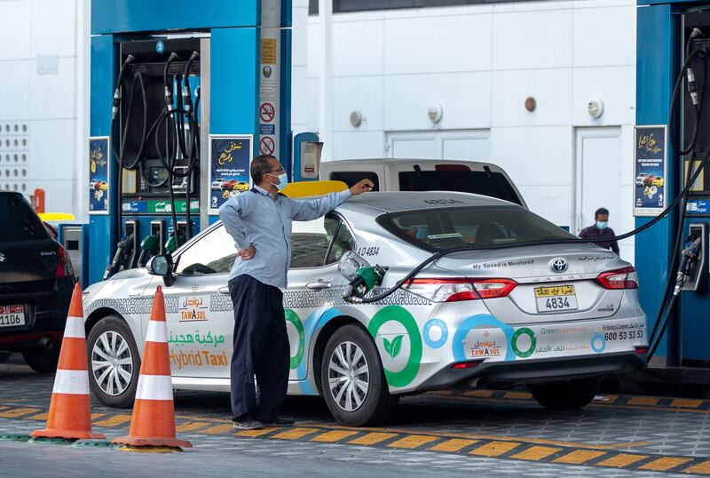 Petrol prices in the UAE have fallen slightly in May. Prices rose more than 10 per cent in February, a further 10 per cent in March, and then 16 per cent in April as global oil prices surged beyond $100 a barrel. Victor Besa / The National

