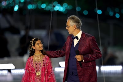 Mira Singh with Andrea Bocelli on stage. Photo: Expo 2020 Dubai 