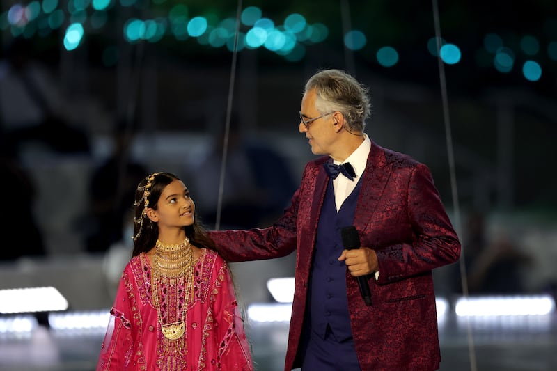 Italian tenor Andrea Bocelli with Mira Singh during the Expo 2020 Dubai opening ceremony.