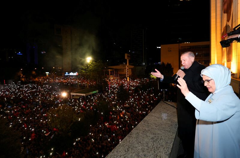 Mr Erdogan, accompanied by his wife Emine, addresses supporters in Ankara. Photo: Turkish Presidential Press Office