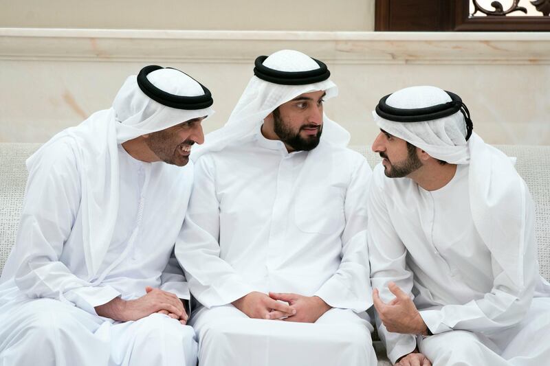 ABU DHABI, UNITED ARAB EMIRATES - May 21, 2019: (L-R) HH Sheikh Saeed bin Zayed Al Nahyan, Abu Dhabi Ruler's Representative, HH Sheikh Ahmed bin Mohamed bin Rashed Al Maktoum and HH Sheikh Hamdan bin Mohamed Al Maktoum, Crown Prince of Dubai, attend an iftar reception at Al Bateen Palace.

( Eissa Al Hammadi for the Ministry of Presidential Affairs )
---