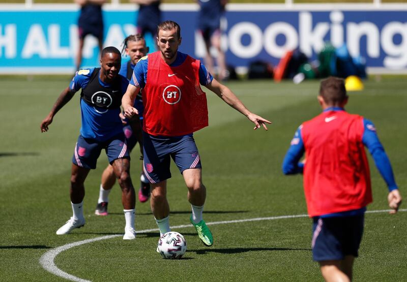 England's Harry Kane and Raheem Sterling during training. Reuters